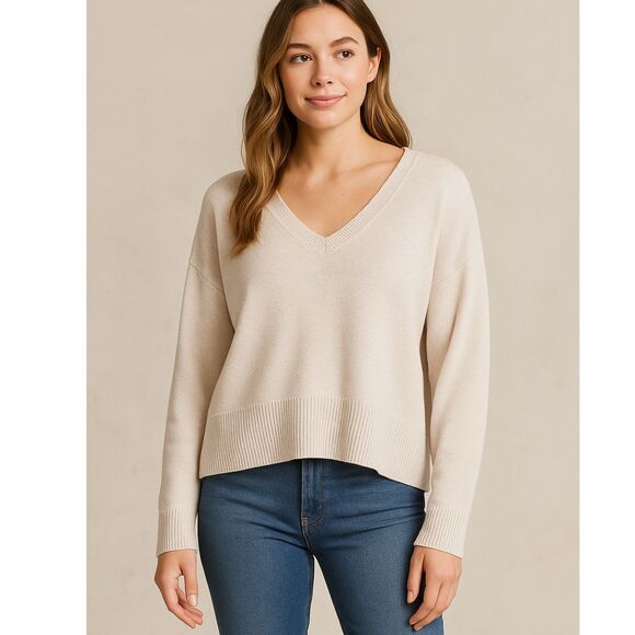 Sanctuary oversized boxy cropped v-neck oatmeal beige sweater size Small S - Picture 1 of 12